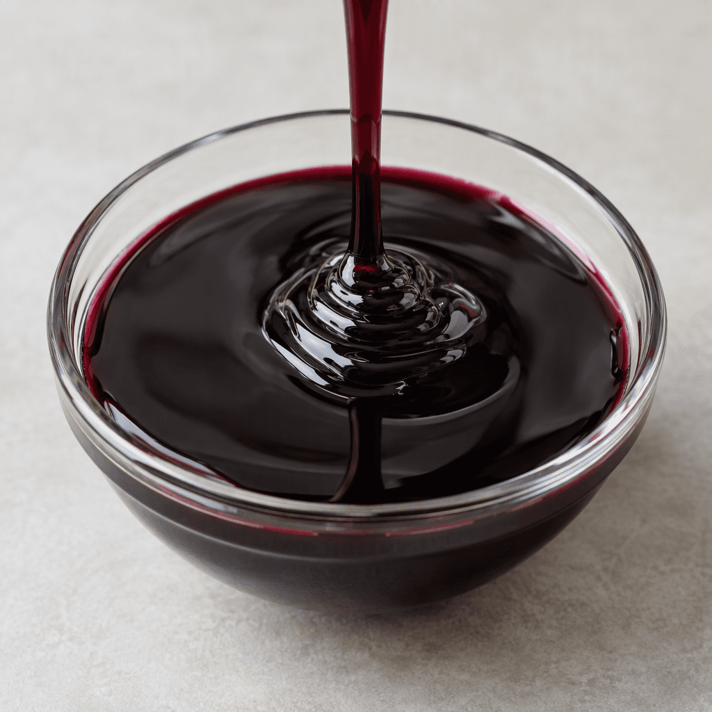 A thick, glossy, nearly black-purple mulberry extract pools slowly with a smooth, syrupy surface.