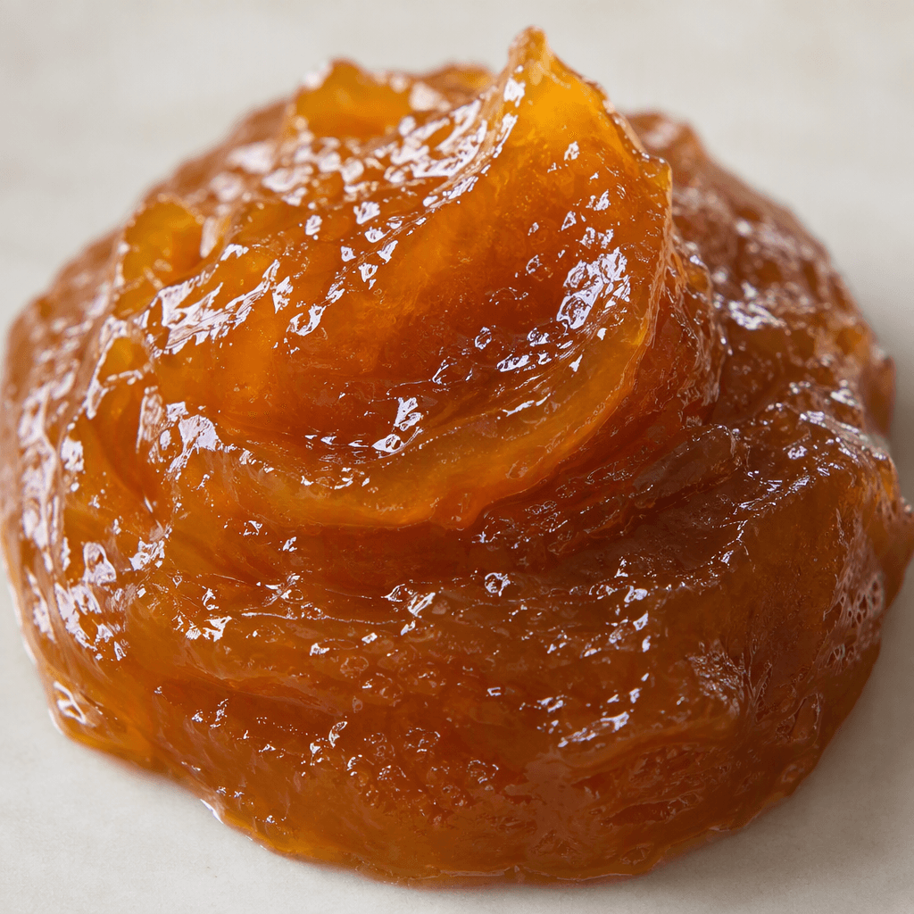 A thick, glossy apricot extract with a smooth, dense texture and a deep amber-brown colour, gathered in a small mound.