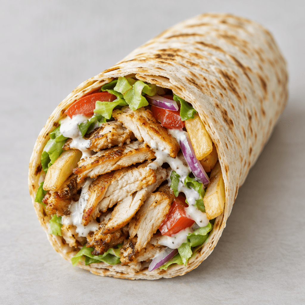 İnce ve hafifçe kızarmış lavaşa sıkıca sarılmış büyük bir dürümün açık ucunda altın kahverengi tavuk döner dilimleri, soluk renkli patates kızartmaları, doğranmış yeşil marul, kırmızı domates parçaları ve mor soğan görülür; iç harcın üzerinde kremamsı sos izleri vardır.