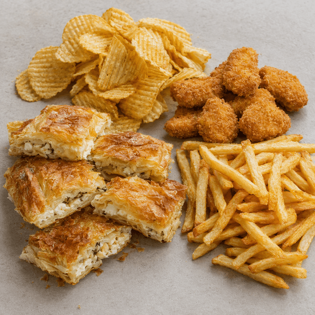 Sade bir masa üzerinde yanında çıtır patates cipsleri, pane kaplı tavuk nuggetları ve ince altın renkli patates kızartmaları bulunan, parçalara kesilmiş altın renkli peynirli börek görülüyor.