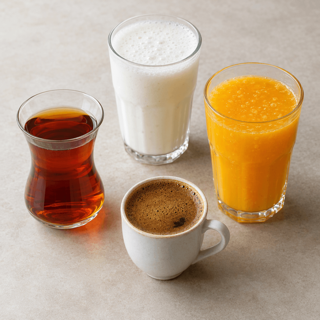 Dark amber tea, finely ground coffee with a light foam, a frothy yogurt drink, and bright orange juice sit together on a table.