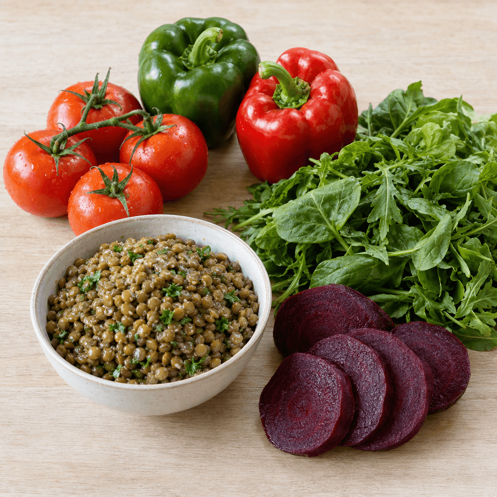 Tomatoes, red and green peppers, leafy greens, cooked green lentils, and sliced beetroot are arranged together on a pale wooden table.