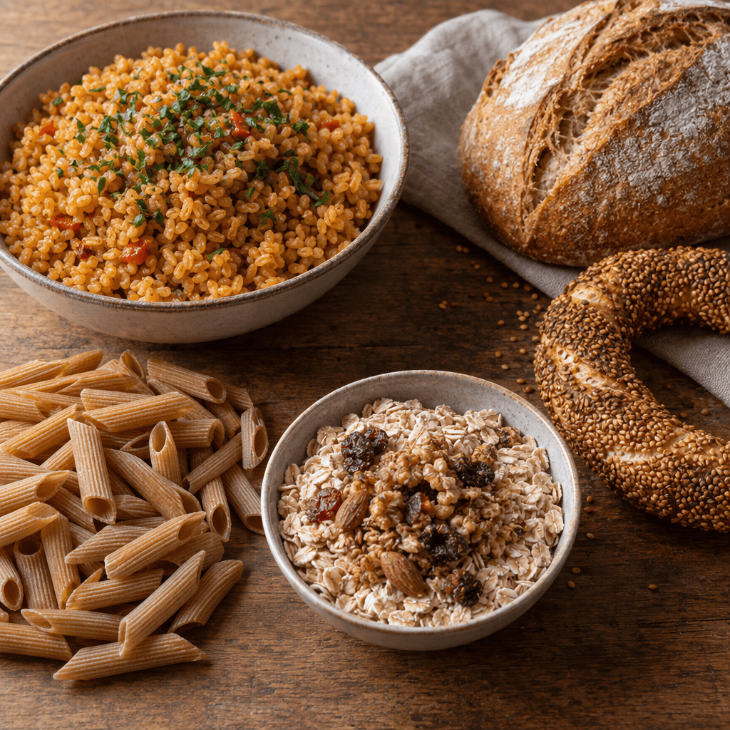 Tahta bir masada bulgur pilavı, tam buğday makarna, kabuklu ekmek, susamlı halka biçimli bir hamur işi ve granolalı yulaf bir arada duruyor.
