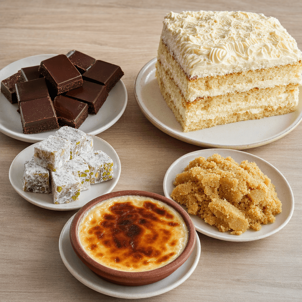 Cream cake, dark chocolate pieces, pistachio Turkish delight, semolina halva, and milk pudding with a caramelized top sit together on a table.